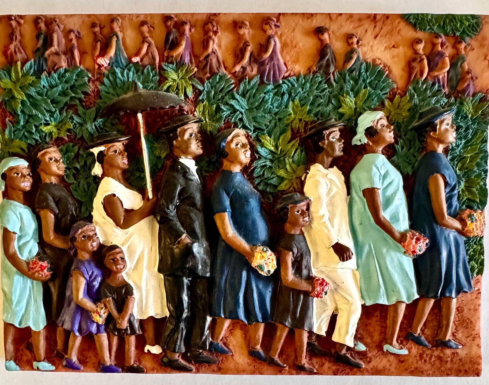 3D Hand-Painted Ceramic Relief Plaque After Ellis Wilson's painting: "Funeral Procession": Finely detailed, small-scale, 3D ceramic relief plaque patterned closely after the landmark mid-century painting, "Funeral Procession" (c. 1950) by celebrated African American artist Ellis Wilson