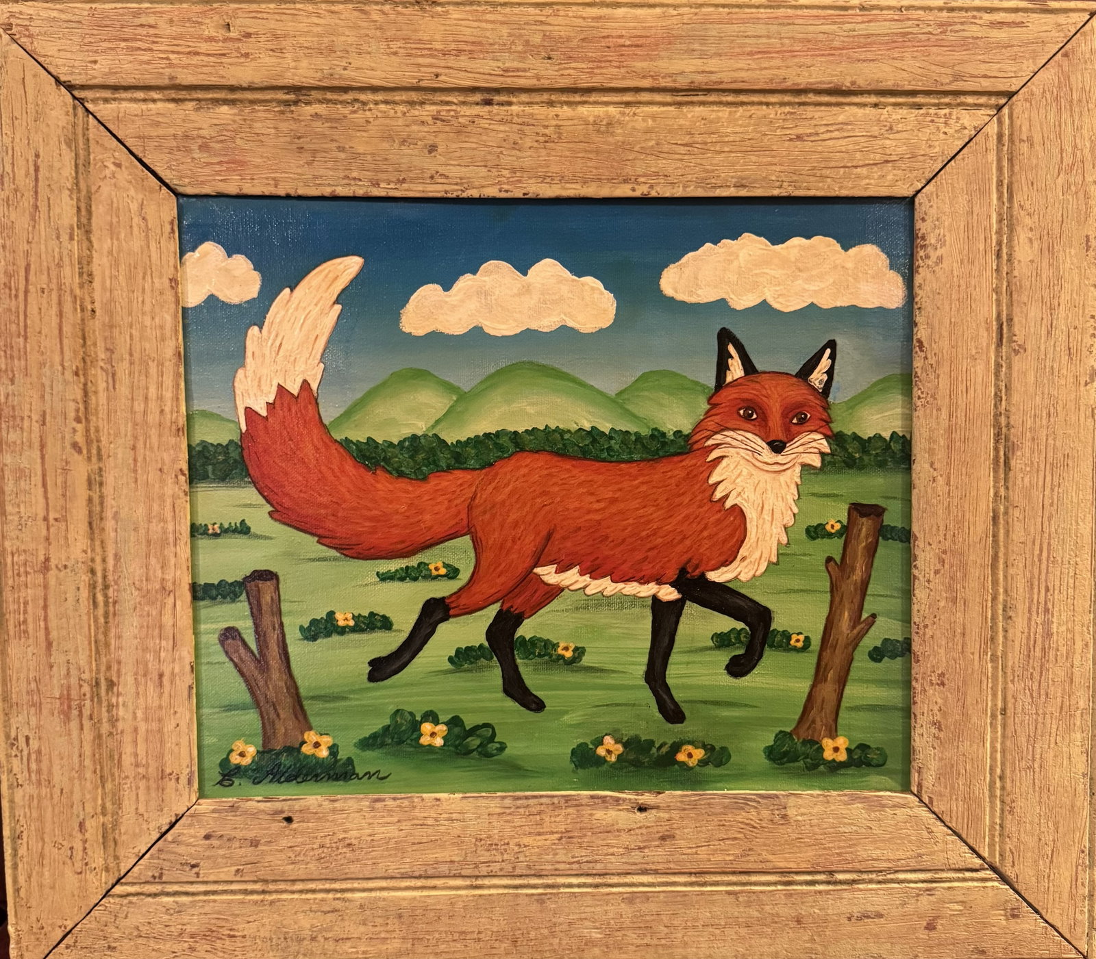Clint Alderman Framed Fox Painting: A painting by Clint Alderman, depicting a proud fox painted in vibrant colors. The composition gives the piece strong character and visual appeal. Signed and dated '2019Clint's artistic ability goes