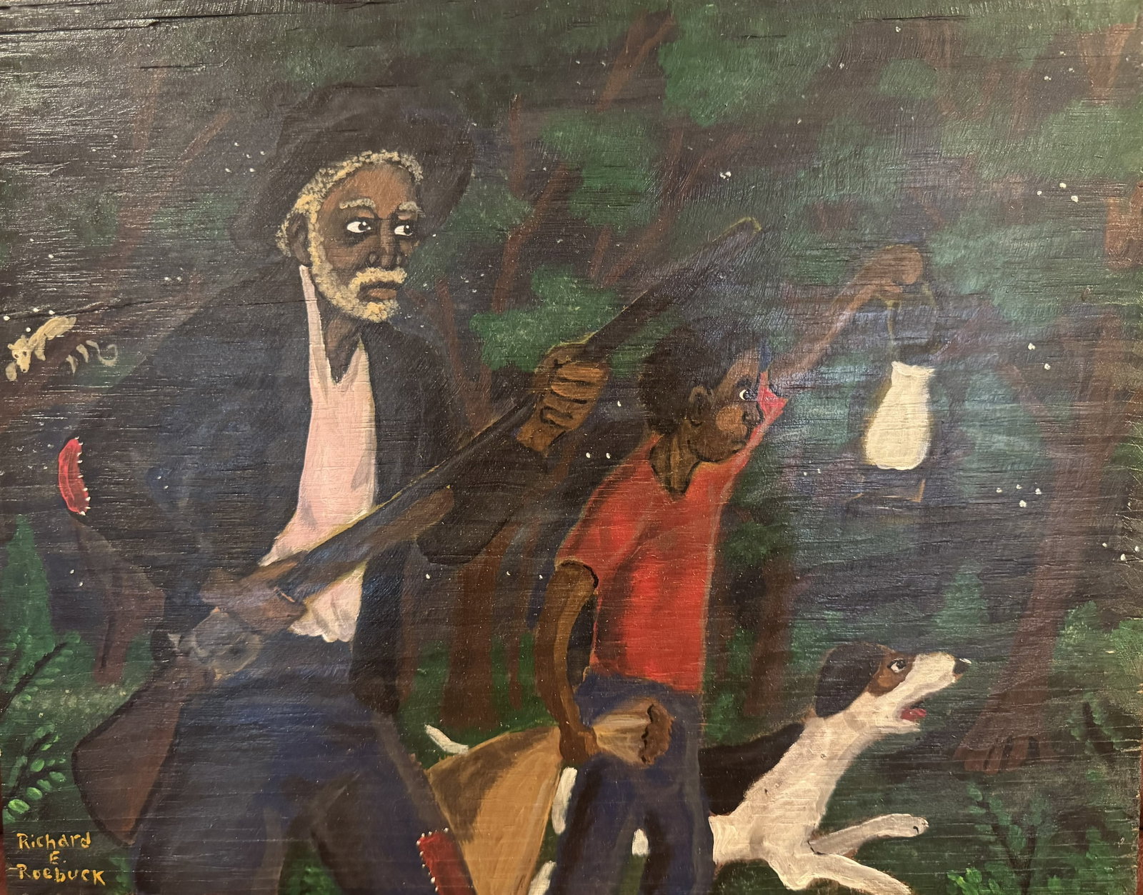 Richard Roebuck Night Hunt Painting: A painting by Richard Roebuck, a memory painter, depicting a hunting scene with his late grandfather. This example reflects a personal narrative and connection to the subject. Executed in acrylic on