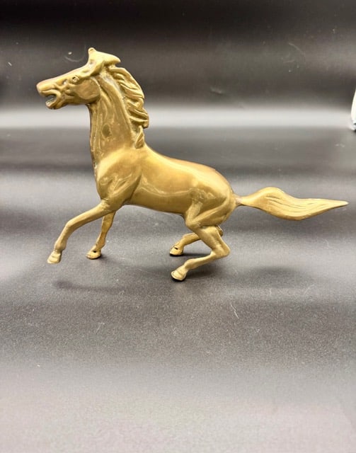Mid Century Spirited Bass Horse Sculpture 11.25 Inch Vintage: Mid Century Brass Spirited Horse Figurine Appearing as a spirited brass decorative horse sculpture that captures the thrill of motion as it races forward with endless enthusiasm. A mid-century