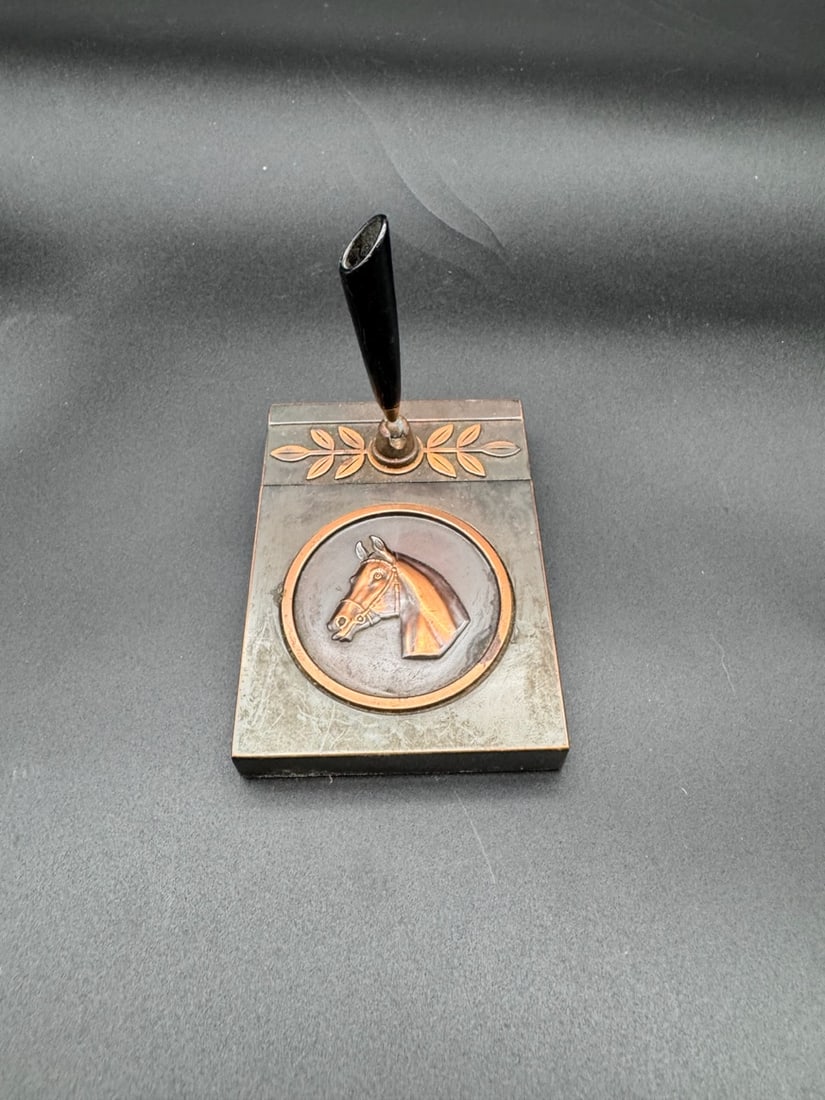 Vintage Equestrian Pen Stand: This vintage equestrian pen stand is the perfect desk accessory featuring a decorative metal horse head.