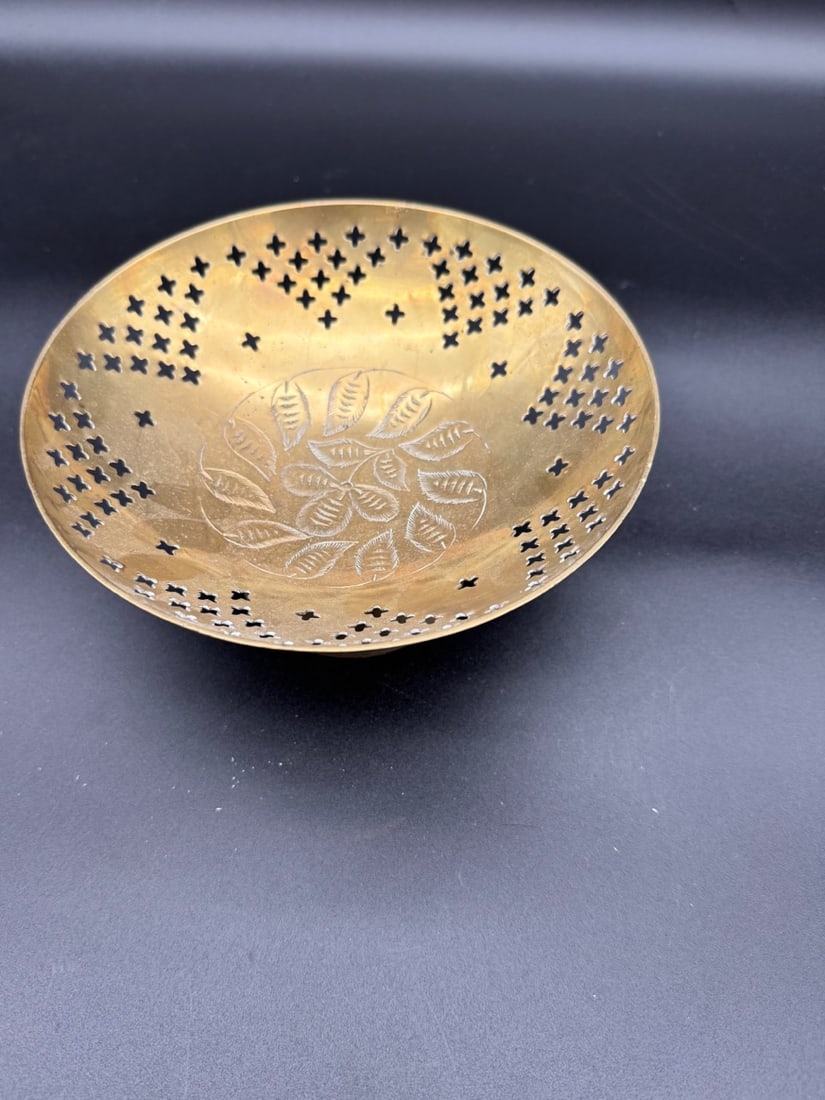 Bells of Serna Etched and punched Brass Footed Pedestal Bowl w/ Hidden Bell: Vintage pierced brass pedestal bowl featuring a quatrefoil cut-out design and often used for decorative bohemian decor. Small bell nests in the pedestal foot. Also recognized as ‘Bells of Sarna’