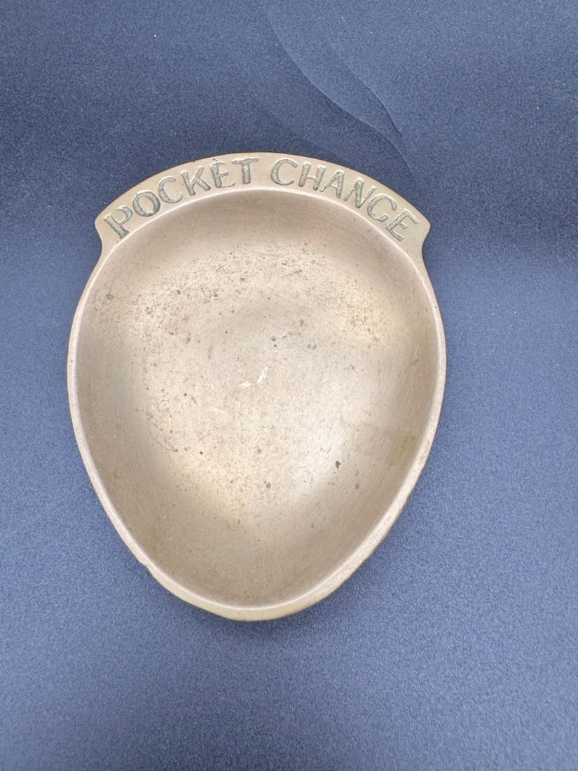Vintage Brass Oval Change Dish: Vintage brass “Pocket Change” dish, commonly used as a catchall tray for coins, keys or trinkets. Designed to sig on dresser, desk or nightstand.