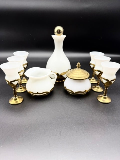 Farber Brothers Krome-Kraft Cocktail Set with Milk Glass Inserts and Solid Brass Mountings: This is a vintage Farber Brothers Krome-Kraft Cocktail Set featuring milk glass inserts with solid brass mountings and bases. This set includes a decanter with stopper, a cream pitcher, a covered