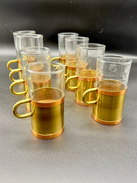 Vintage Beucler Copper & Brass Irish Coffee Cobras: Vintage Beucler glasses make for stunning collectible Irish Coffee and Russian Tea mugs featuring detachable glass inserts held within copper and brass sleeves. Uniquely made in different sizes often