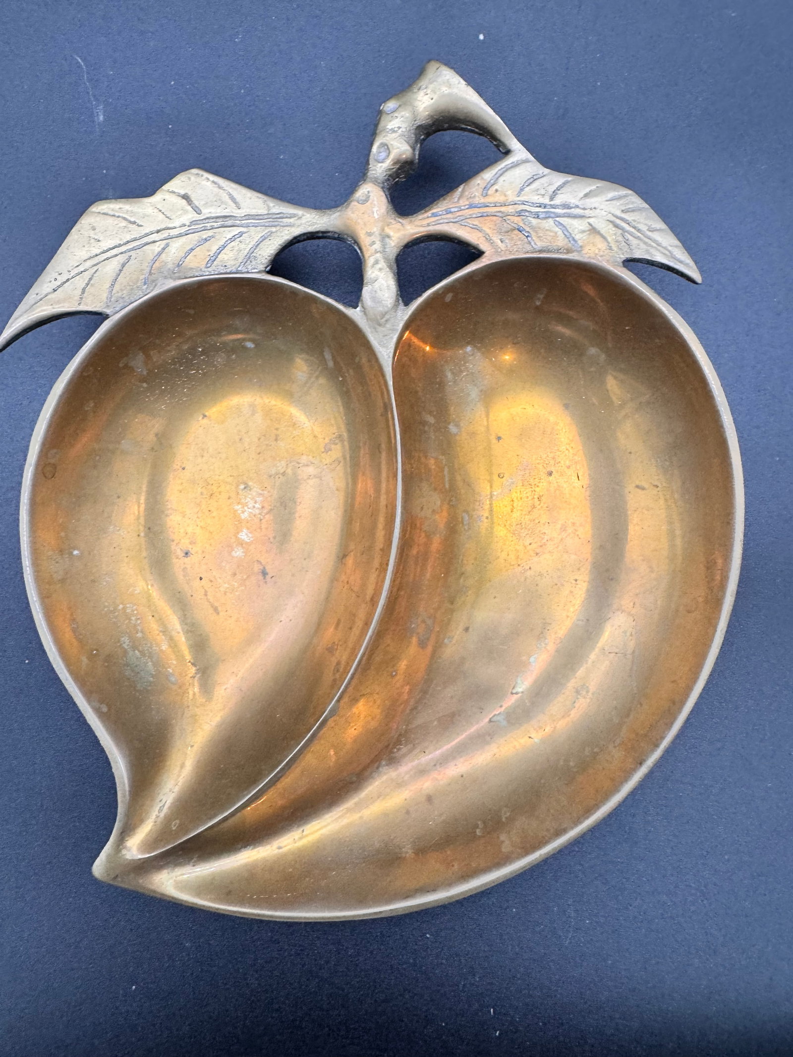 Brass Pear Shaped Divided Serving Dish (set of 2): Brass pear / apple / or peach shaped trinket dishes are the perfect mid century modern catchalls to keep the side tables or nightstands clear of excess debris.