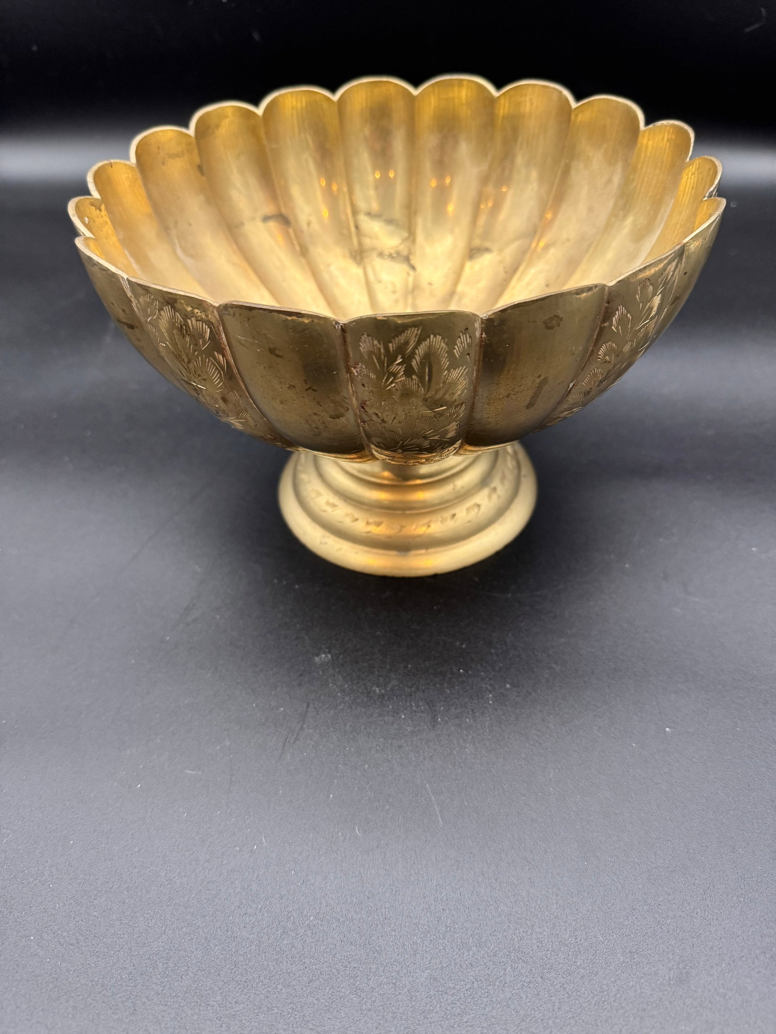 Brass Etched & Scalloped Fruit Bowl: Add a small touch of luxury to your kitchen with this etched and scalloped pedestal fruit bowl.