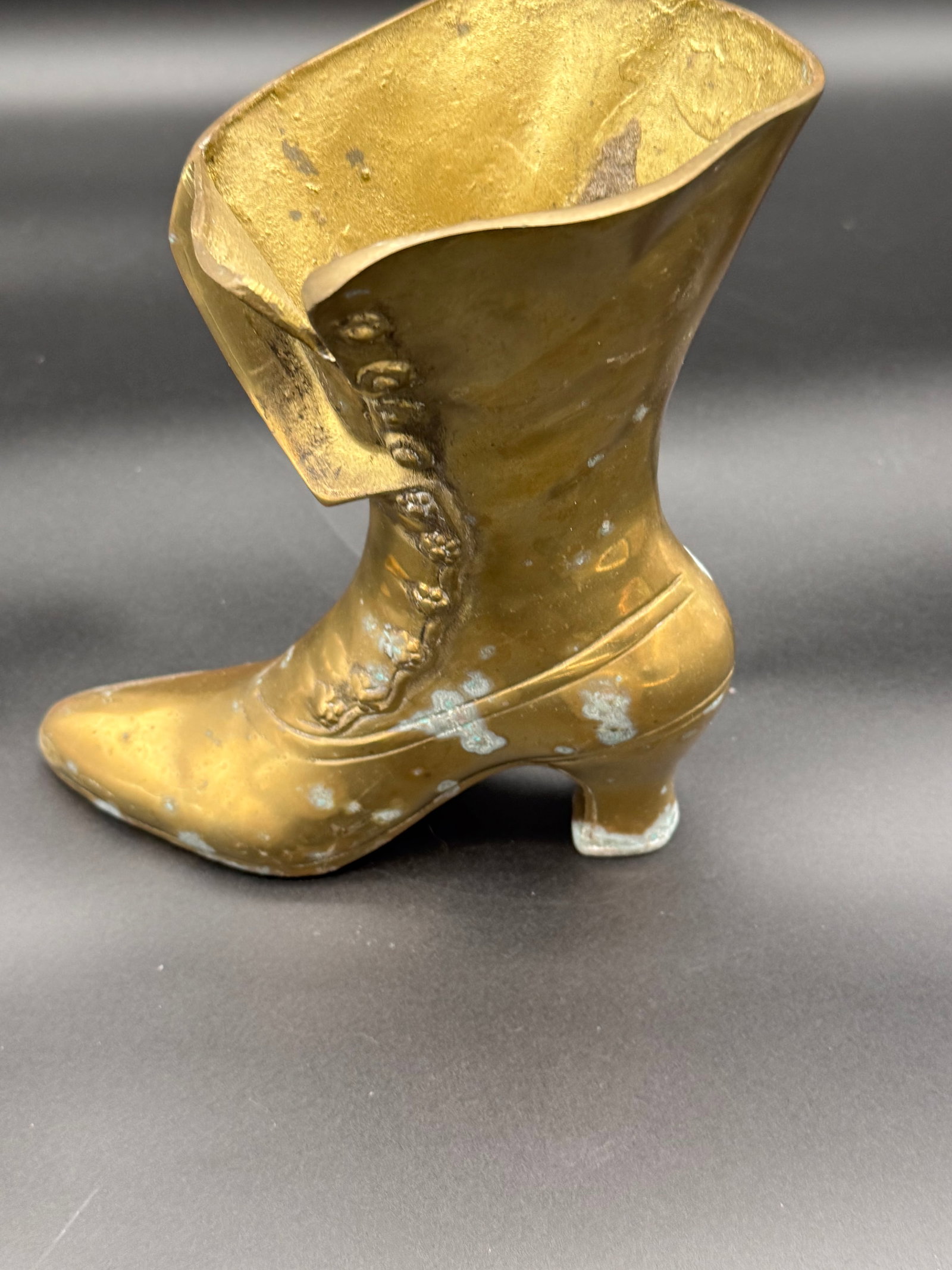 Vintage Brass Victorian Ladies' Boot: Vintage Brass Victorian Ladies' Boot. This mid-century modern piece serves as a great decorative vase or figurine. Solid cast brass with a vintage patina. Modeled after a high-button, high-heeled