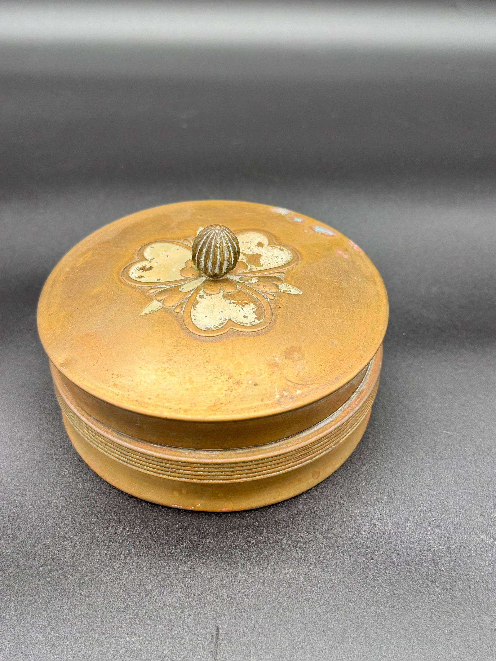 Vintage Chase Art Deco Powder Jar: This is a mid century 1920s - 1940s, Brass and glass powder jar manufactured by Chase Brass and Copper Co. Vintage art deco dresser powder box.