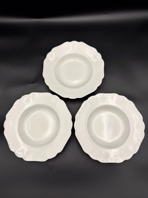 Johnson Bros bowls Set of 3: set of 3 Johnson Bros white porcelain rim soup bowls with delicate floral accents on scalloped edges. The Johnson Brothers (Alfred and Frederick) company was a renowned British pottery manufacturer