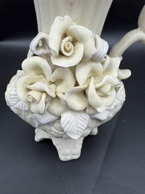 White Ceramic Footed Pitcher W/ Flower - 2