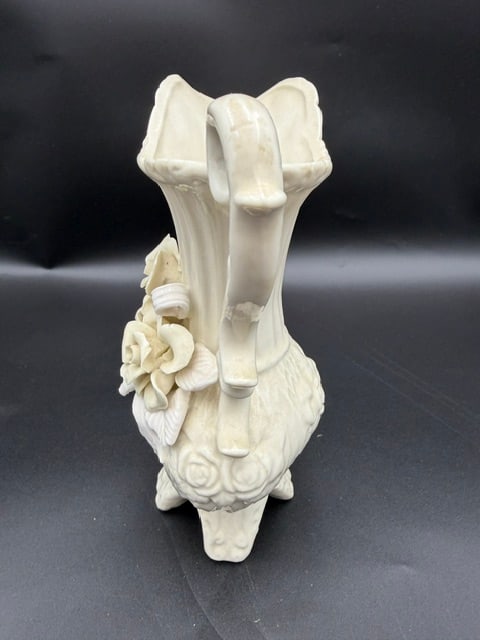 White Ceramic Footed Pitcher W/ Flower - 5