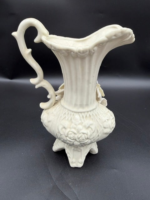 White Ceramic Footed Pitcher W/ Flower - 6