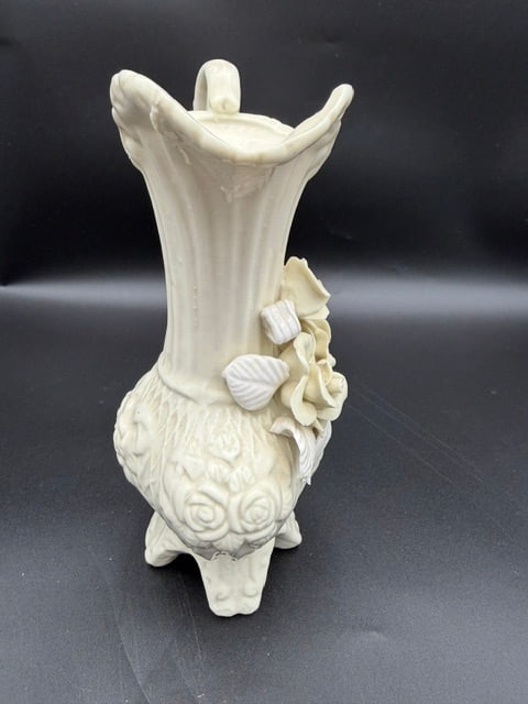 White Ceramic Footed Pitcher W/ Flower - 7