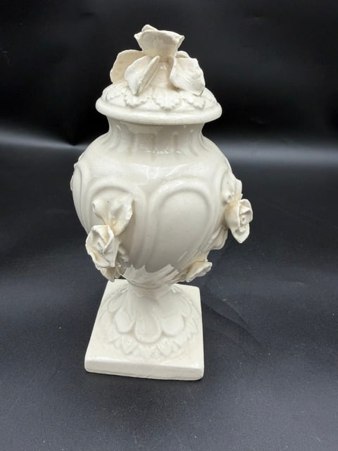 White Porcelain Wedding Gift Jar withApplied Roses: Chip on the top rose. The piece is a lidded urn or potiche, featuring applied roses and floral finial. MCM aesthetic. This was a wedding gift, there is a small note on the bottom,