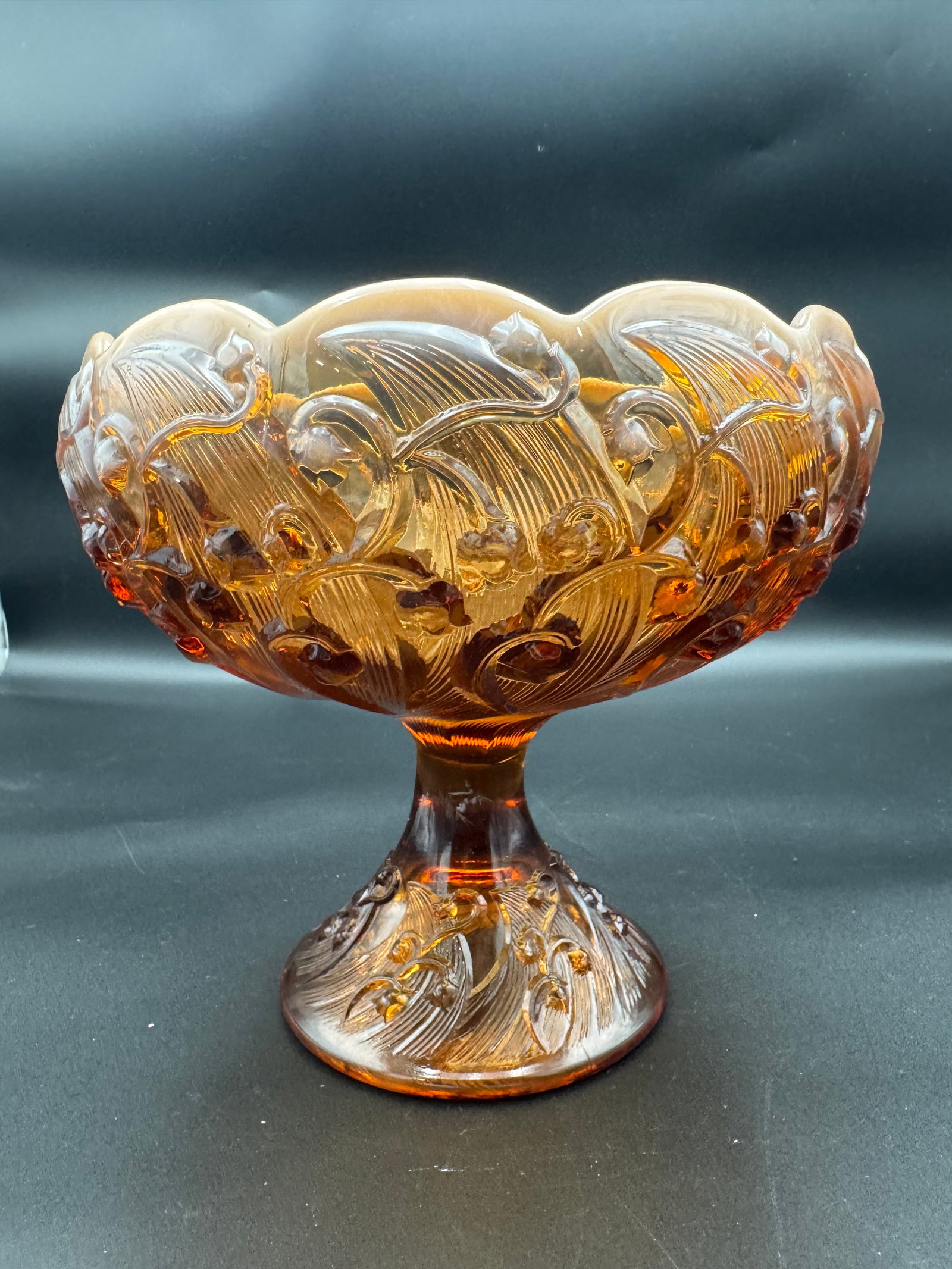 Fenton Cameo Opalescent Glass “Lily of the Valley" Pedestal Bowl/ Compote: 8” diameter bowl and 5” diameter footVintage Fenton Art Glass Pedestal Bowl in the Lily of the Valley pattern with a cameo opalescent finish featuring a raised, sculptural "Lily of the