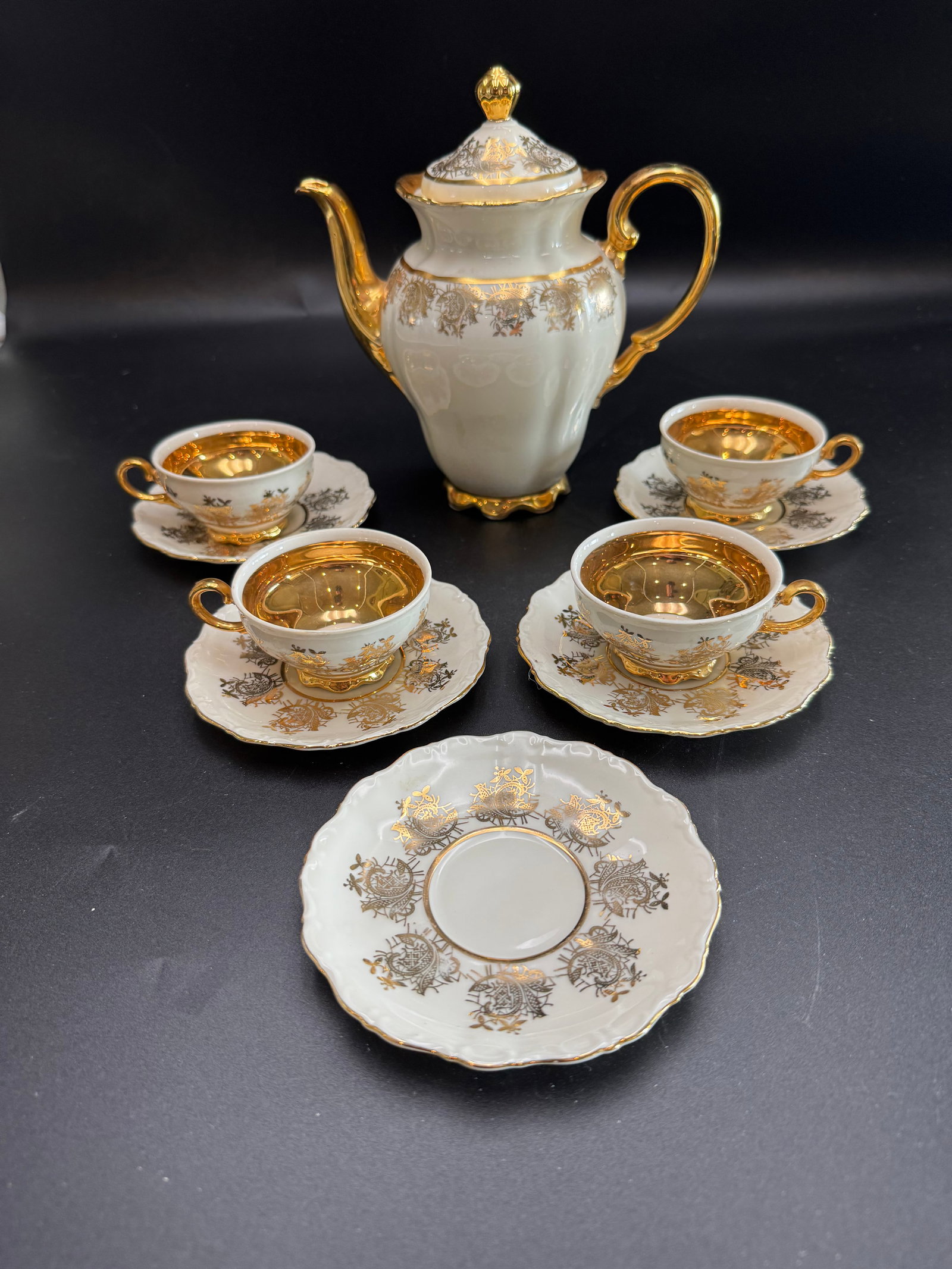 Waldershof Bavarian White w/ Gold Accented Tea & Coffee Service Set: Dimensions are per items, not together Tea Pot: 8”H x 4.375”W x 7.75”L, Tea Cups: 1.625”H x 3”W x 3.625”L, Saucers: .5H x 4.625” Diameter. Total of 1 Tea Pot,