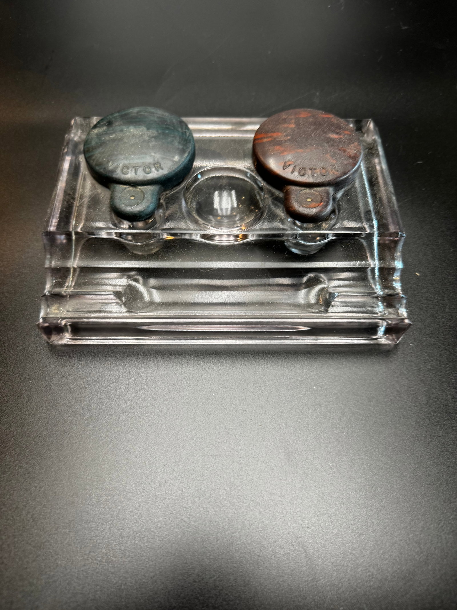 Antique Clear Glass Double Inkwell Pen Rest (1 of 5)