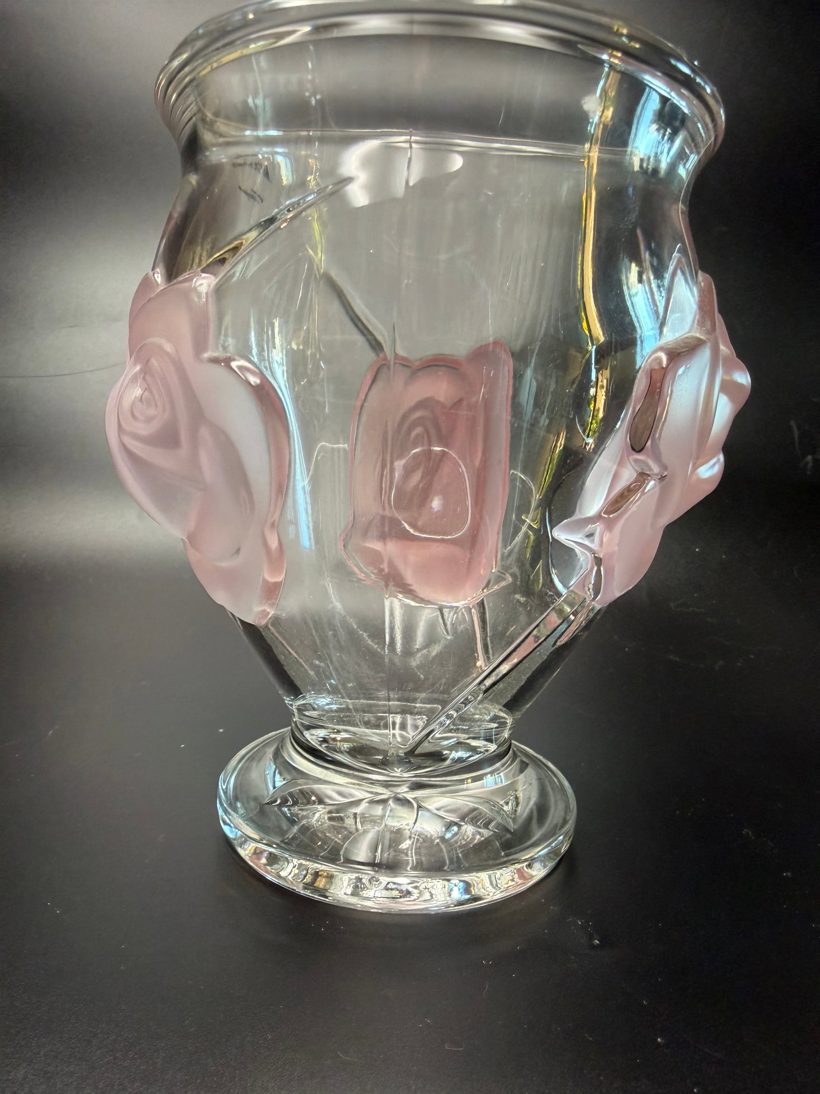 Vintage French Crystal Glass Vase with Raised Frosted Pink Roses: A clear, thick, footed glass body featuring three highly detailed, embossed, "puffed" frosted pink cabbage roses with delicate clear glass stems and leaves snaking up the sides. Made in France