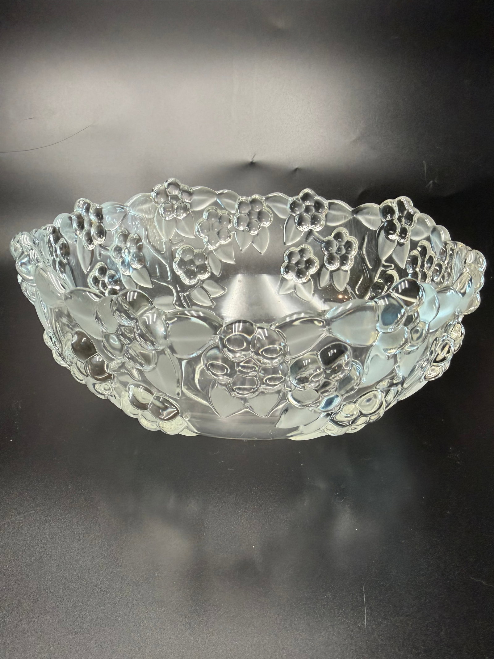 Vintage Mikasa Crystal Serving Bowl: It features embossed clear five-petal flowers, frosted satin leaves, and a textured scalloped rim. Produced by Walther Glas in West Germany for Mikasa in the "Carmen" pattern.