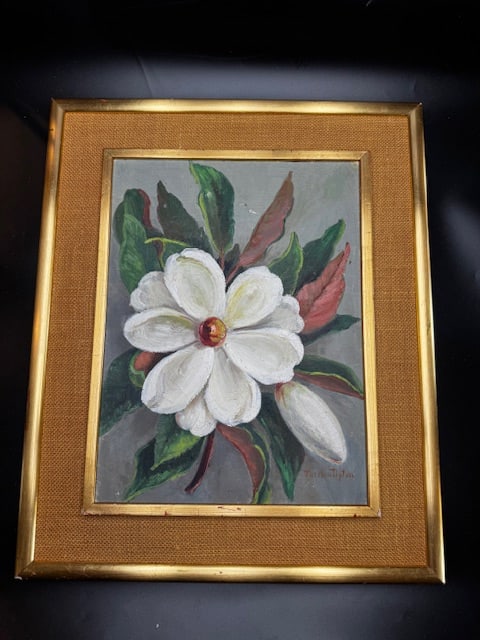 Signed Bowl of Magnolias Painting: Acrylic painting by Jocelia Tipton was a notable 20th-century Dallas landscape artist who lived from 1895 to 1996. She is highly regarded in the regional art community as a student and official truste