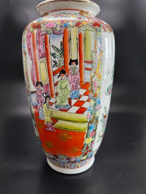 Mid-Century Chinese Famille Rose Porcelain Vase: Features vibrant, hand-painted scenes of figures in a garden or palace setting. Decorated with colorful floral motifs, birds, and gilt highlights. Produced during the 1940s-1950s. Made for export to t
