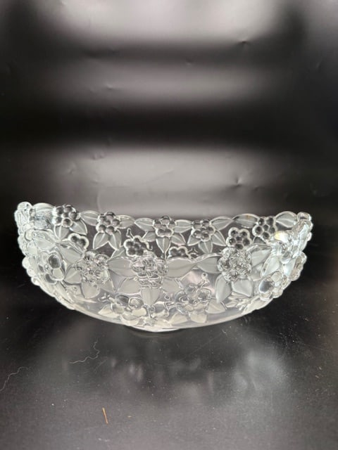 Walther Glas Carmen Bowl: This is a vintage Mikasa "Carmen" bowl produced by Walther Glas in Germany. The piece is made of clear and satiniert frosted crystal featuring an embossed floral and grapevine design.