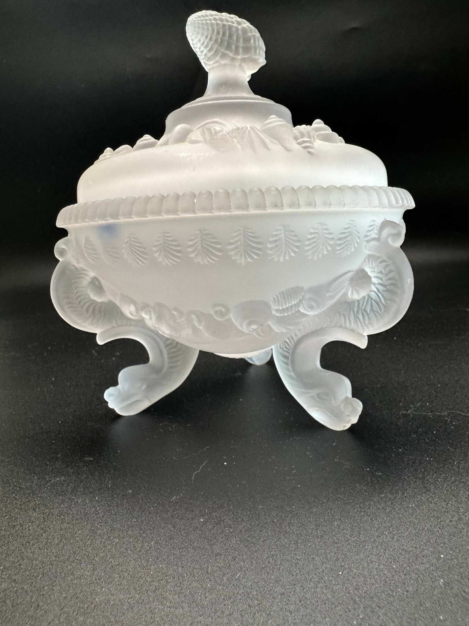 Portieux Vallerysthal Satin Fosted Glass Candy Dish: This is a Portieux Vallerysthal satin frosted glass candy dish featuring the Argonaut Shell pattern and dolphin-shaped feet. The dish boasts a satin finish, art nouveau floral motifs, sculptural. shel
