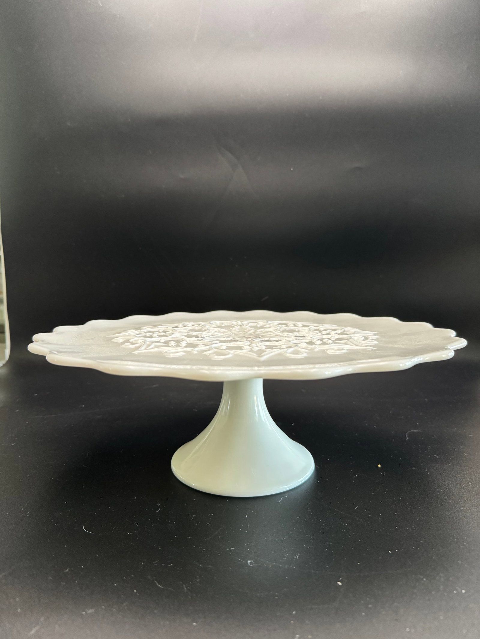Vintage Fenton Spanish Lace White Milk Glass Cake Stand: This is a vintage Fenton Spanish Lace white milk glass cake stand with a scalloped edge.