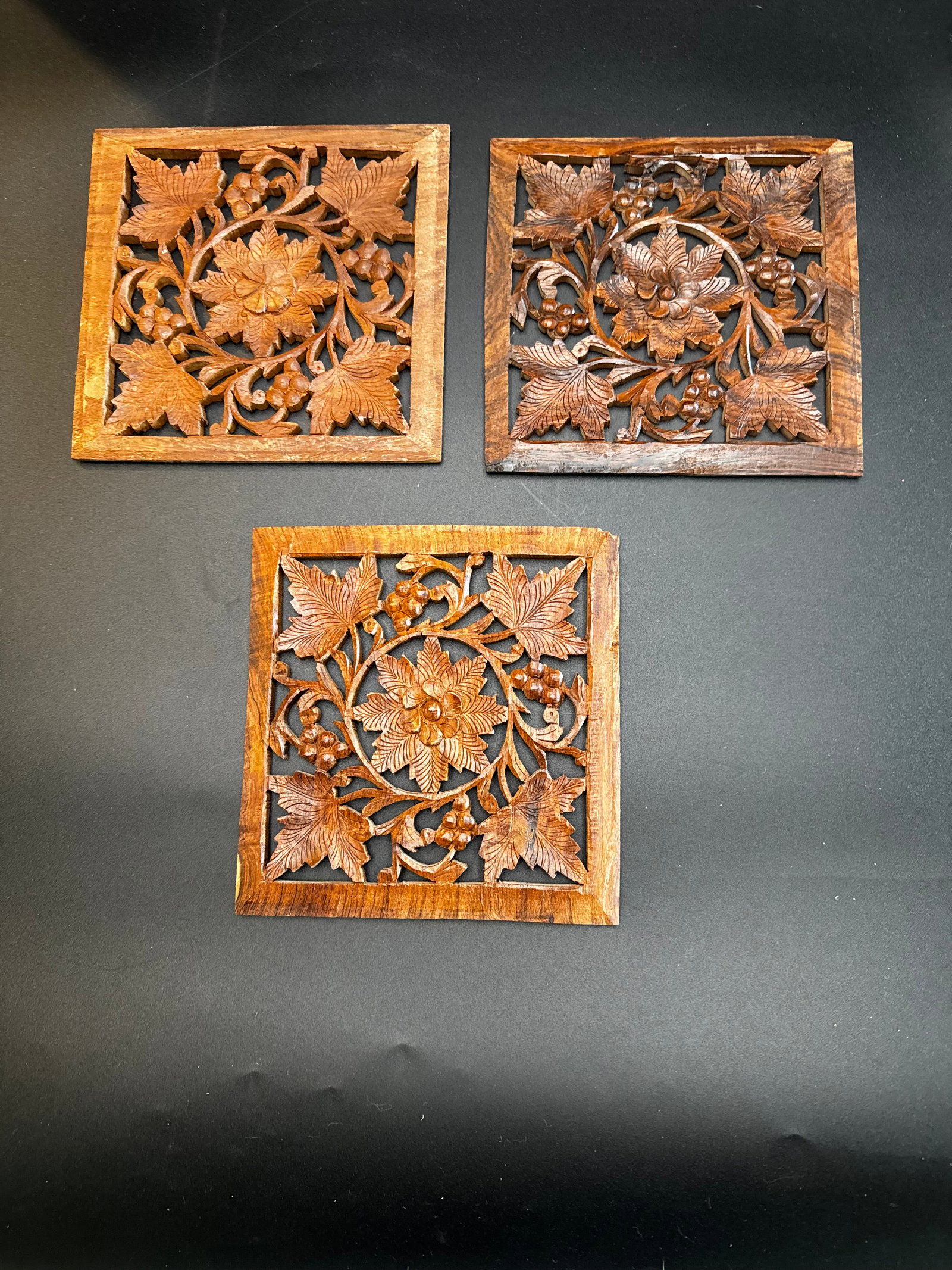 Siam Sawadee Handmade Teak Wood Wall Panels: These three Siam Sawadee hand carved teak wood wall panels feature a decorative floral lotus motif and rustic finish. Deep openwork pierced carving, floral and foliate motif. Hand-carved rather than m