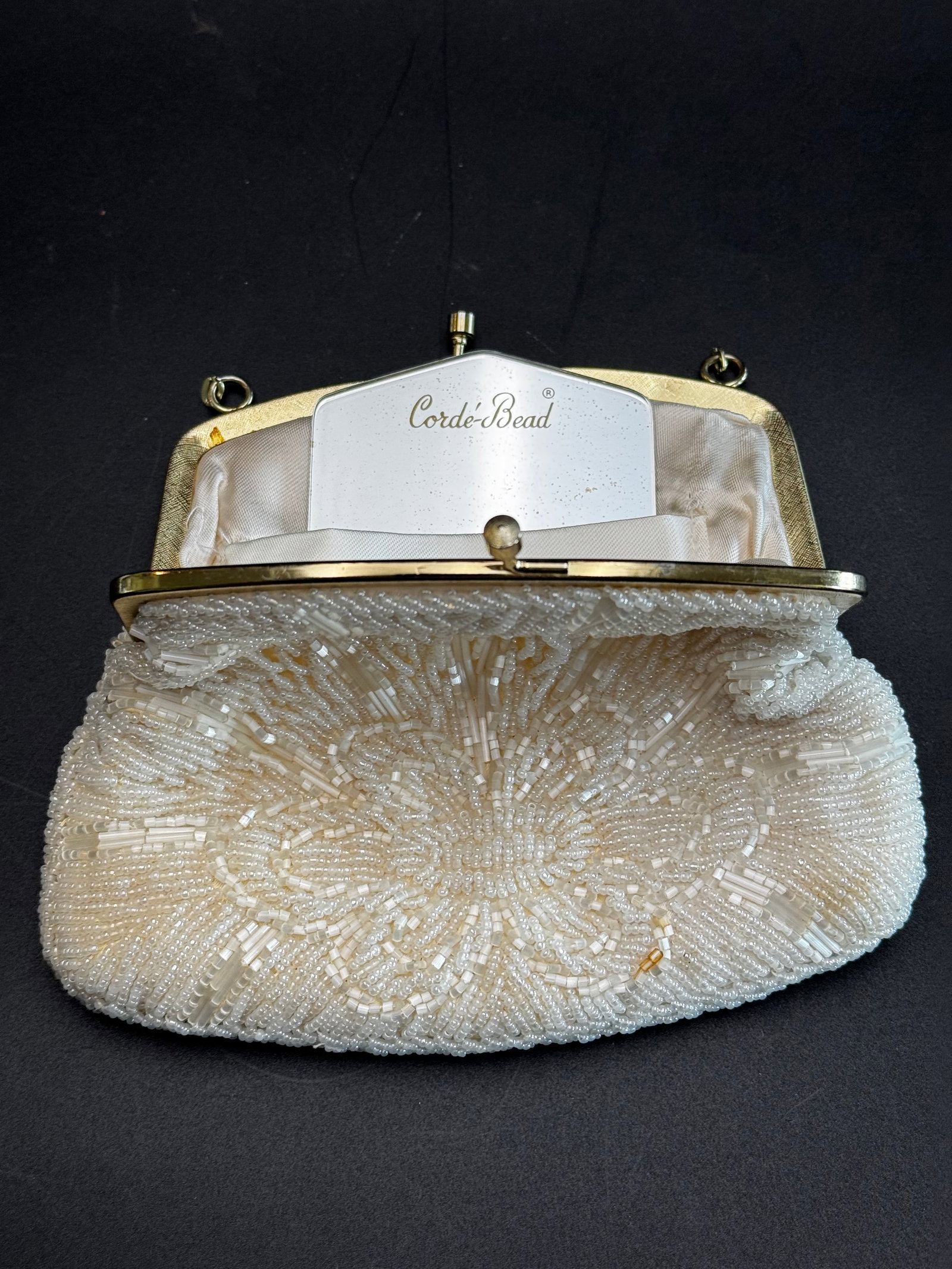 beaded white beads/ gold closure. mirror inside - 4