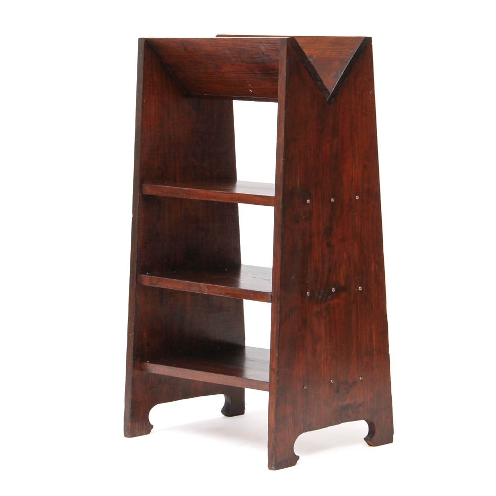 Arts & Crafts Style Pine Book Trough: A vintage Arts & Crafts style book trough constructed out of pine. Piece has exposed screw head details to sides. 17 w, 32 h, 9 d inches.