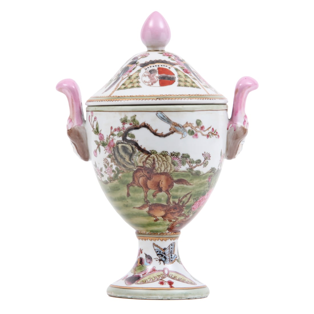 Vintage Hand Painted Chinese Lidded Urn/Jar: A vintage hand painted lidded vessel urn with face decorated side handles. 9.5 w, 14 h, 6.5 d inches.