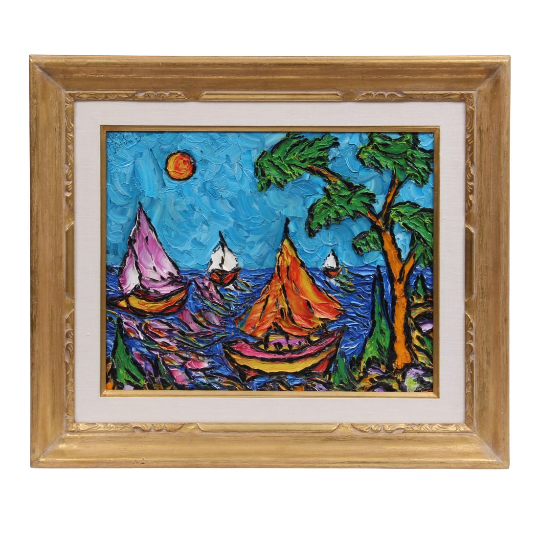 Antoine Knibily Impasto Oil on Canvas Sailboat Scene: Antoine Knibily (French Born, 1920)Vintage colorful impasto oil painting of sailboats at sea, housed in a gilt gold wood and linen frame. Signed to top left. 28.5 w, 24 h, 1.75 d inches (measurements 