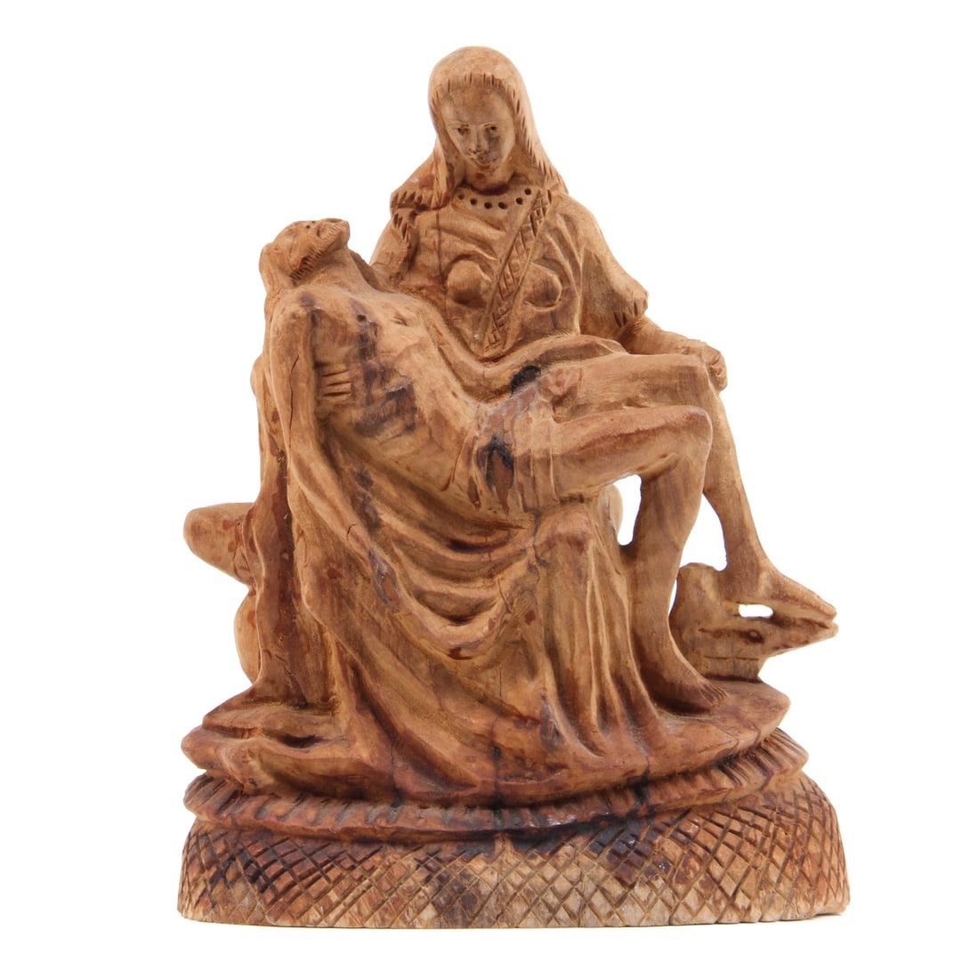 Carved Wood Pieta Statue: A carved wood Pieta statue. 6 w, 8 h, 4 d inches.