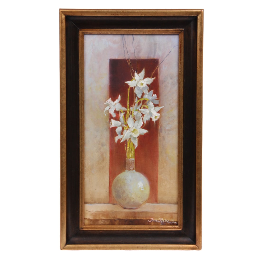 Donna Noice "A Breath of Spring" Oil on Canvas: Donna Noice oil on canvas floral painting titled "A Breath of Spring". Housed in a a gilt gold and brown painted frame. 17.5 w, 29.5 h, 2 d inches (measurements include frame)