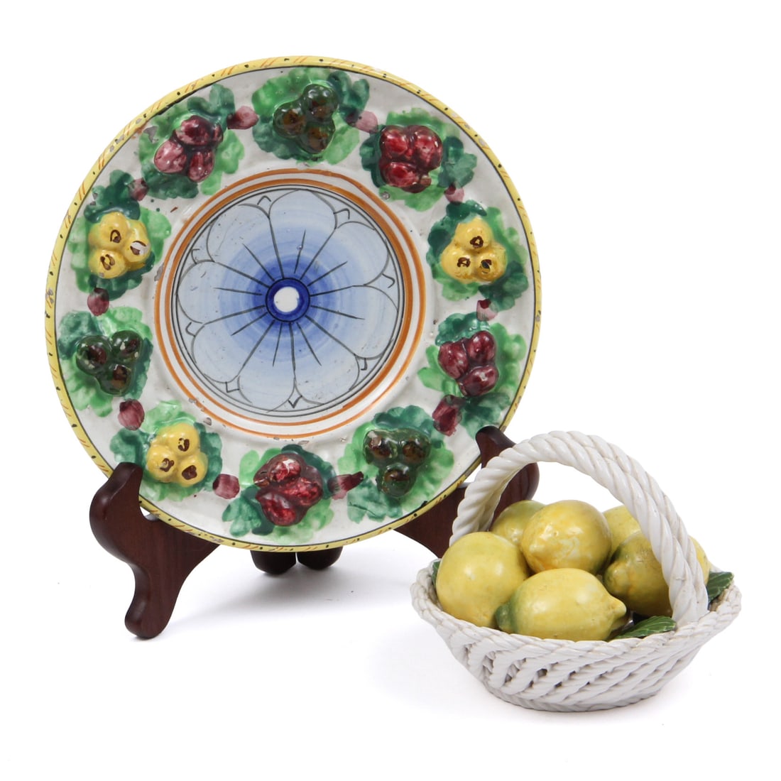 Italian Capodimonte Porcelain Lemon Basket & Majolica Olive Plate (1 of 10)