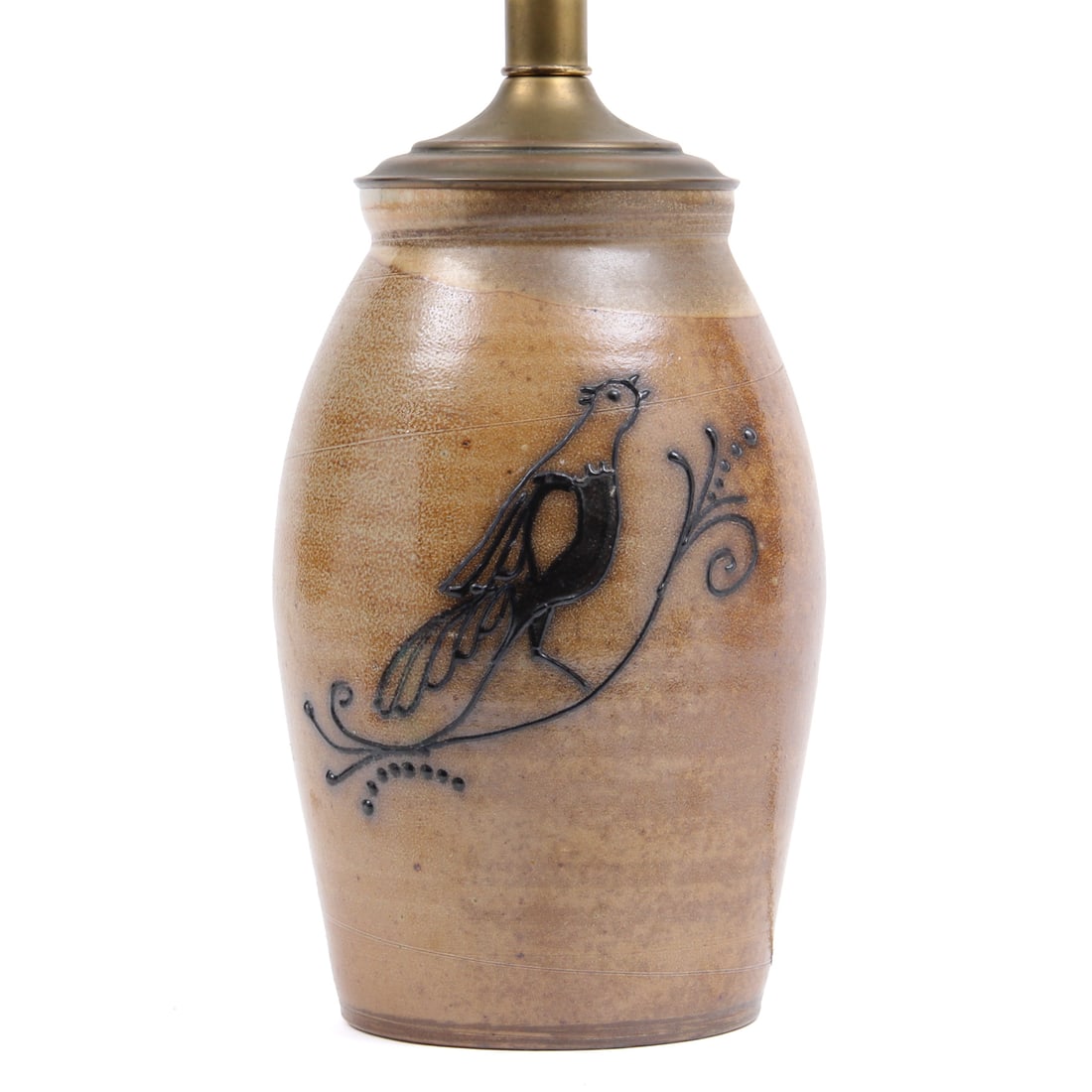 Michael Sherrill Stoneware Pottery Lamp: Vintage stoneware pottery lamp with slip decorated bird design by Michael Sherrill. Signed to base. 7 w, 15 h inches (does not include harp).