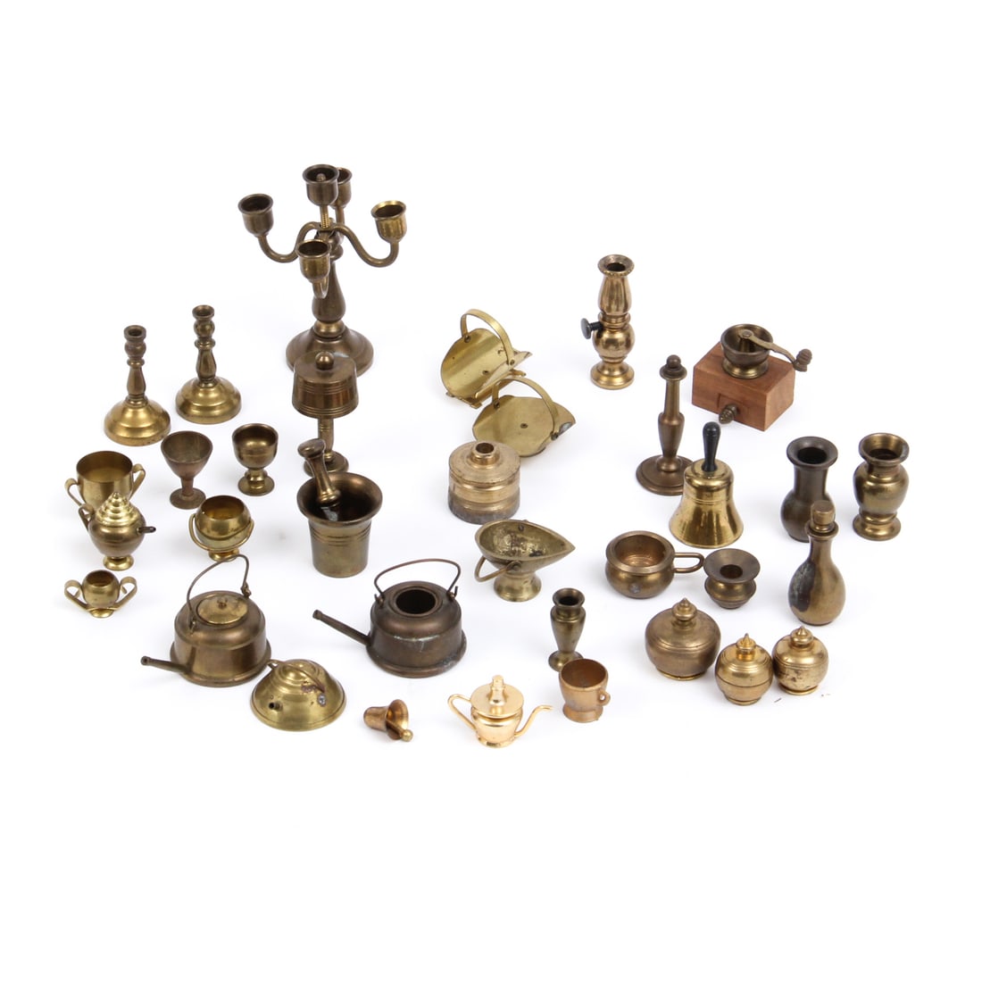 Collection of Brass Miniature Pieces: A collection of different miniature brass pieces. 5.5 w, 2 h, 5.5 d inches (of box)