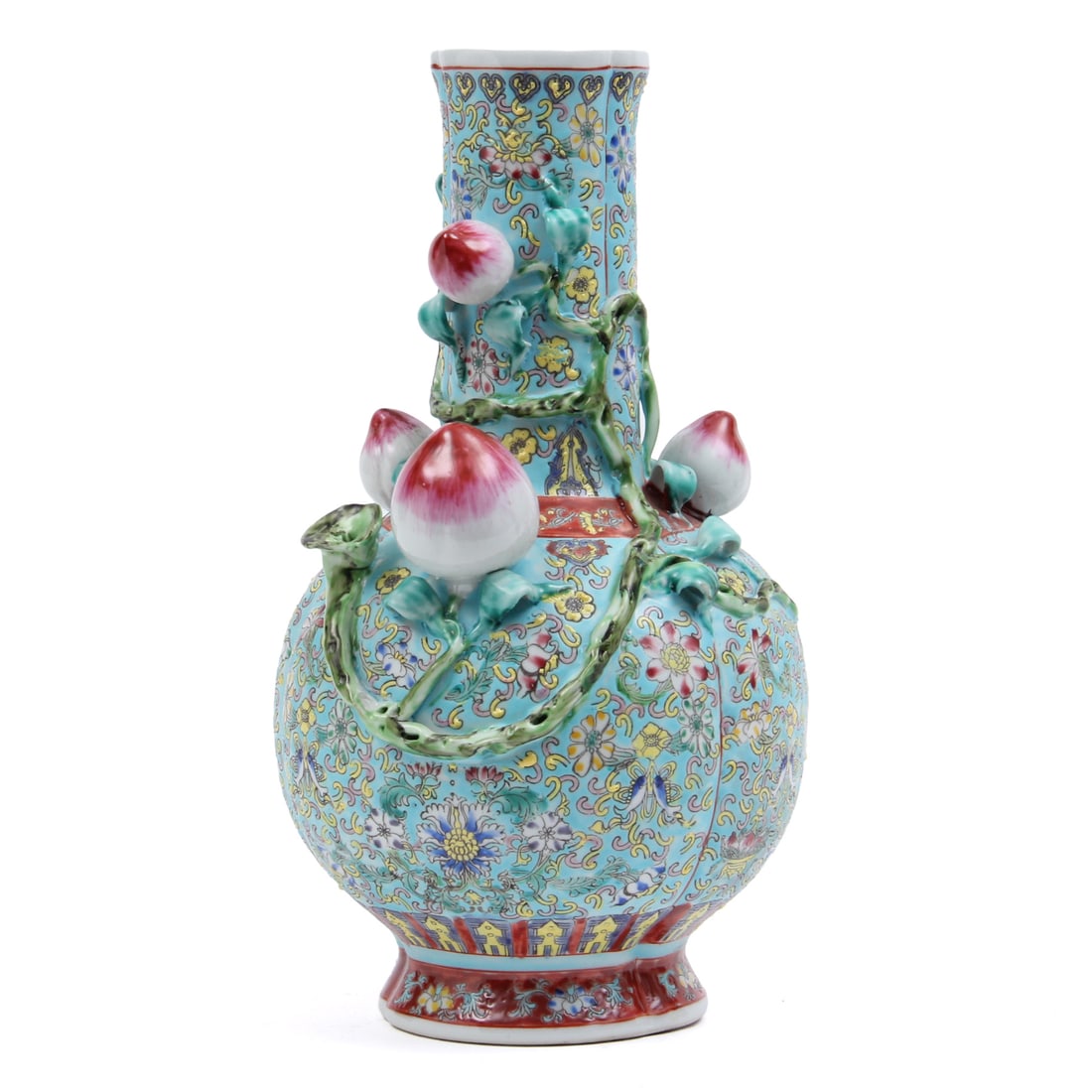 Chinese Famille Rose Hand-Painted Peach Porcelain Vase: A Chinese Famille Rose hand-painted porcelain vase. This piece has a blue field decorated with flowers and peaches. Marking to bottom. 8 w, 15 h, 6 d inches.