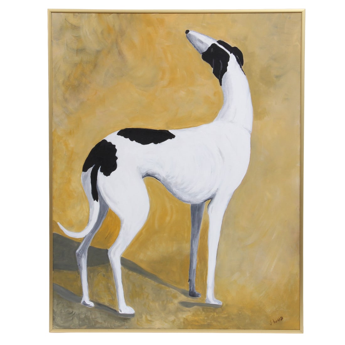 J. Ward Acrylic On Canvas Whippet Dog Painting: Painting depicting a whippet dog on a gold field signed J. Ward, housed in a gold metal frame. 22.23 w, 28 h, 1.5 d inches (includes frame)