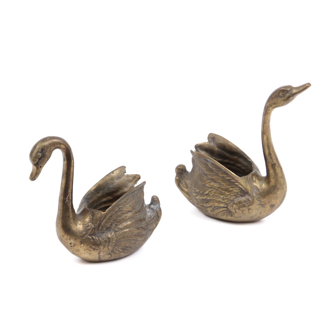 Pair of Brass Swan Plant Holders: A pair of swan brass plant candle holders. Marked "Made in Korea" to base. 6 w, 8 h, 3d inches (of one swan).