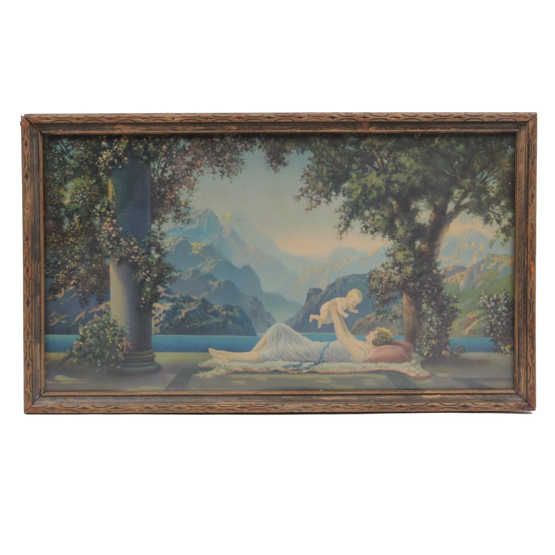 Vintage Fox-Urgelles Mother and Child Framed Print: vintage Fox-Urgelles framed print depicting mother and child. Housed in a wood frame. 19.5 w, 11.5 h, 0.5 d inches (measurements include frame).