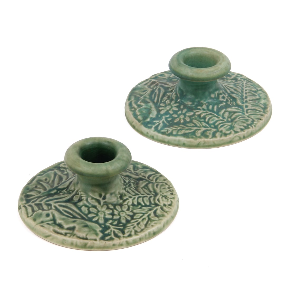 Pair of Weller Pottery Green Glazed Floral Candlestick Holders (1 of 7)