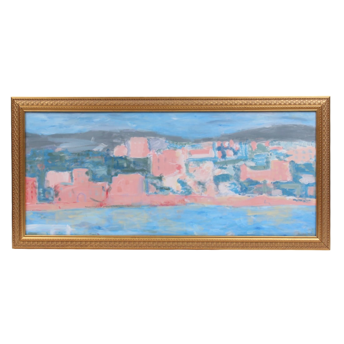 Signed Expressionist Acrylic on Board Mediterranean City Scene: Expressionist style acrylic on canvas depicting a Mediterranean city by the water, housed in a gold gilt wood frame. 55 w, 26.5, 1.5 d inches (measurements include frame).