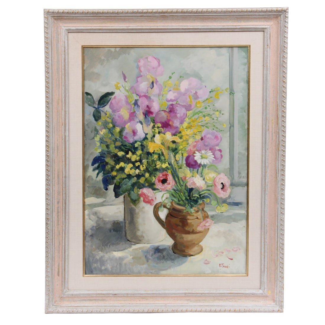 Alba Taddei (Italian) Floral Still Life Oil on Canvas: Alba Taddei floral oil on canvas painting. Housed in a silver gild and painted frame with linen mat. 28 w, 36 h, 2 d (measurements include frame).