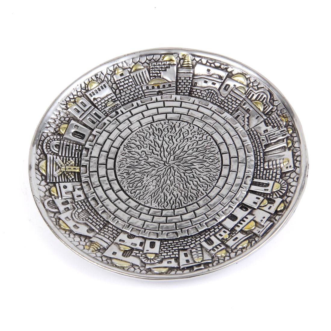 Silver Kiddush 925 Electroform Silver Plate: A vintage Karshi city scene Kiddush plate. The piece is marked 925, (electroformed silver on base metal). 5.25 w inches.