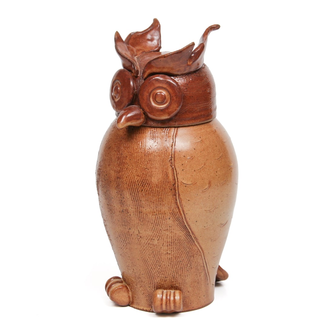 Signed Handmade Art Pottery Owl Lidded Urn: A vintage handmade art pottery lidded urn owl with incised design. w 5, h 11, d 5.5 inches.