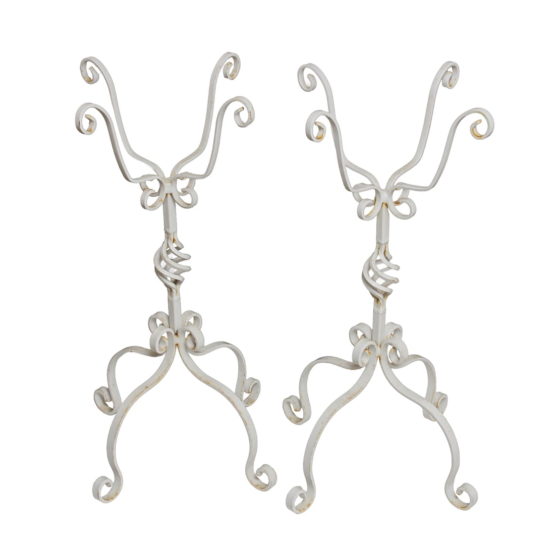 Vintage Wrought Iron Painted Garden Plant Stands: A pair of vintage wrought iron garden plant stands. w 15, h 31.5, d 15 inches.