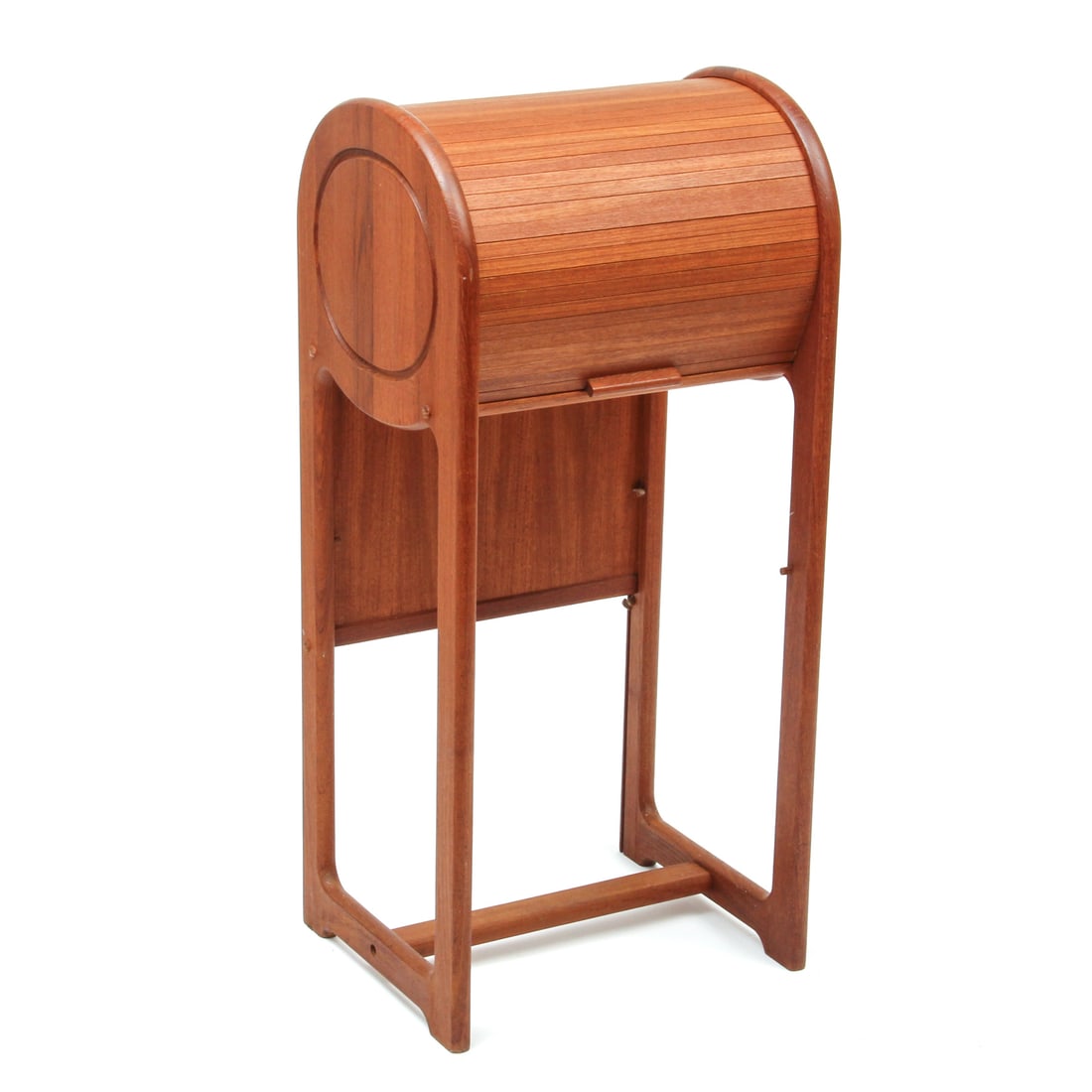 Danish Teak Tambour Phone Table: A vintage teak danish phone table with tambour sliding door. 16.5w, 36h, 13.5d inches. Pickup or third party shipping required.